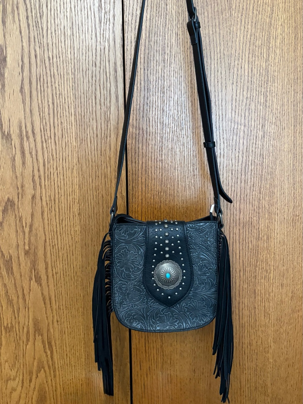 Montana West Black Fringe Embossed Crossbody Bag with Concho Accent Faux Leather